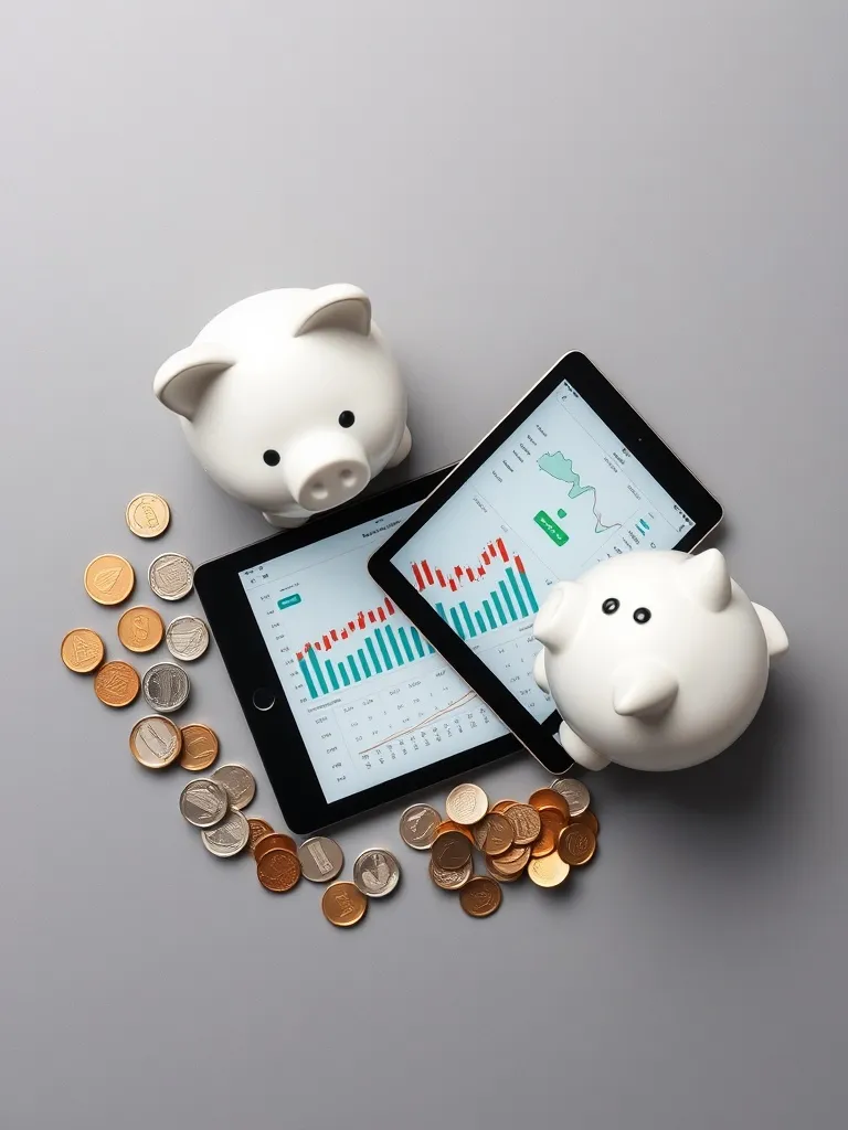 A professional overhead shot of modern piggy banks, physical