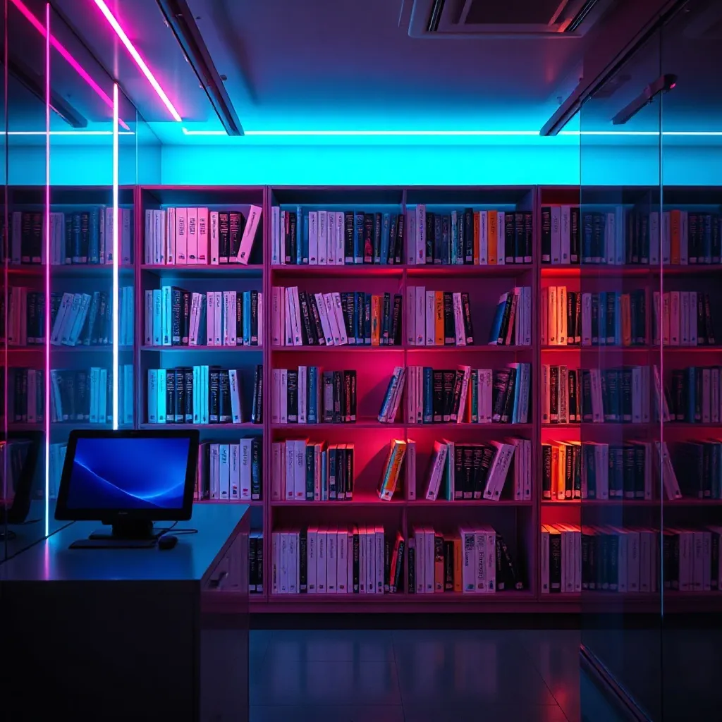 A futuristic library shelf with books and digital tablets, m