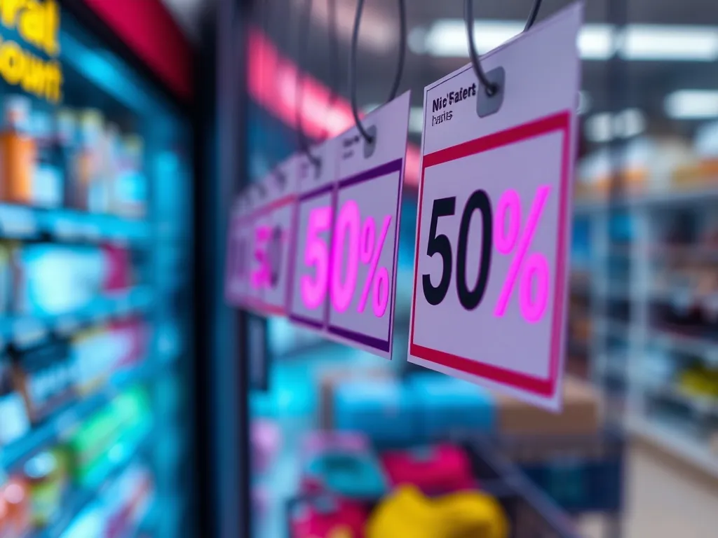 Macro photo of price tags in a supermarket, blurred backgrou