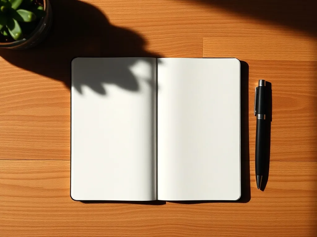 A minimalist flat lay of a blank notebook and a pen on a woo