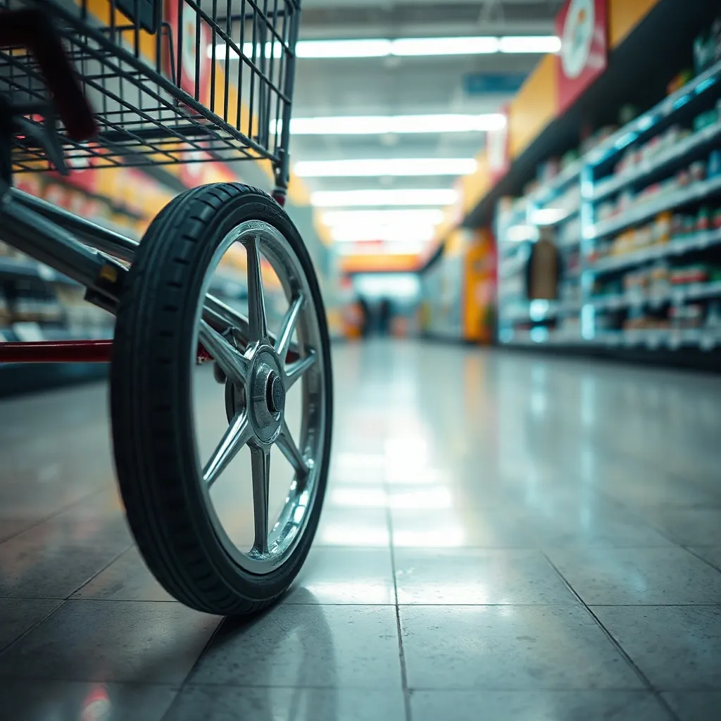 A close-up of a shopping cart wheel on a grocery store floor