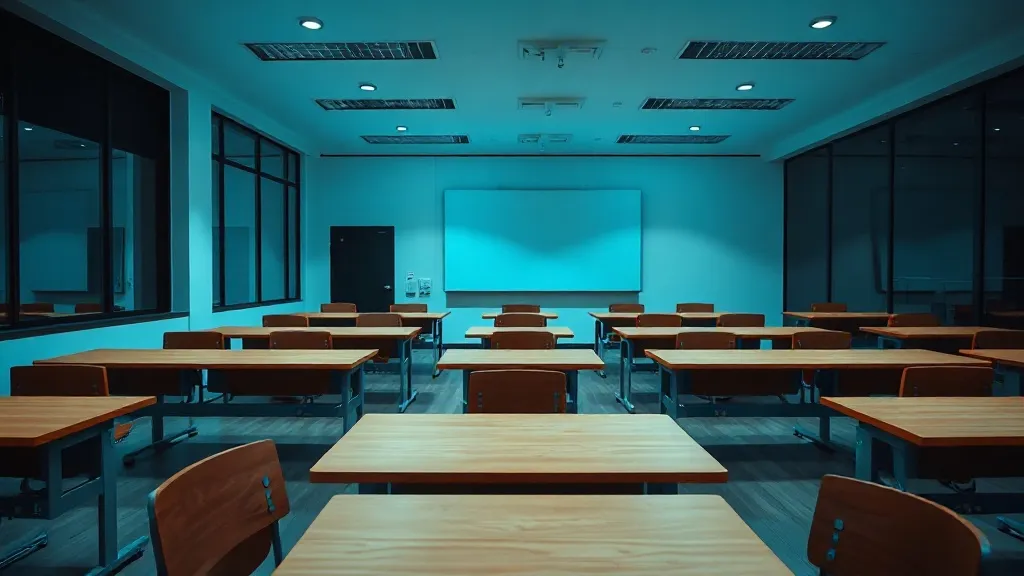 A minimalist classroom interior with wooden tables and glass