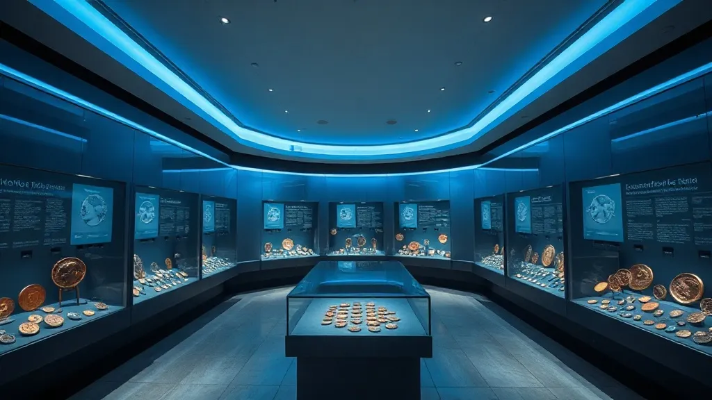 Interior of a modern monetary museum, coins in glass cases,